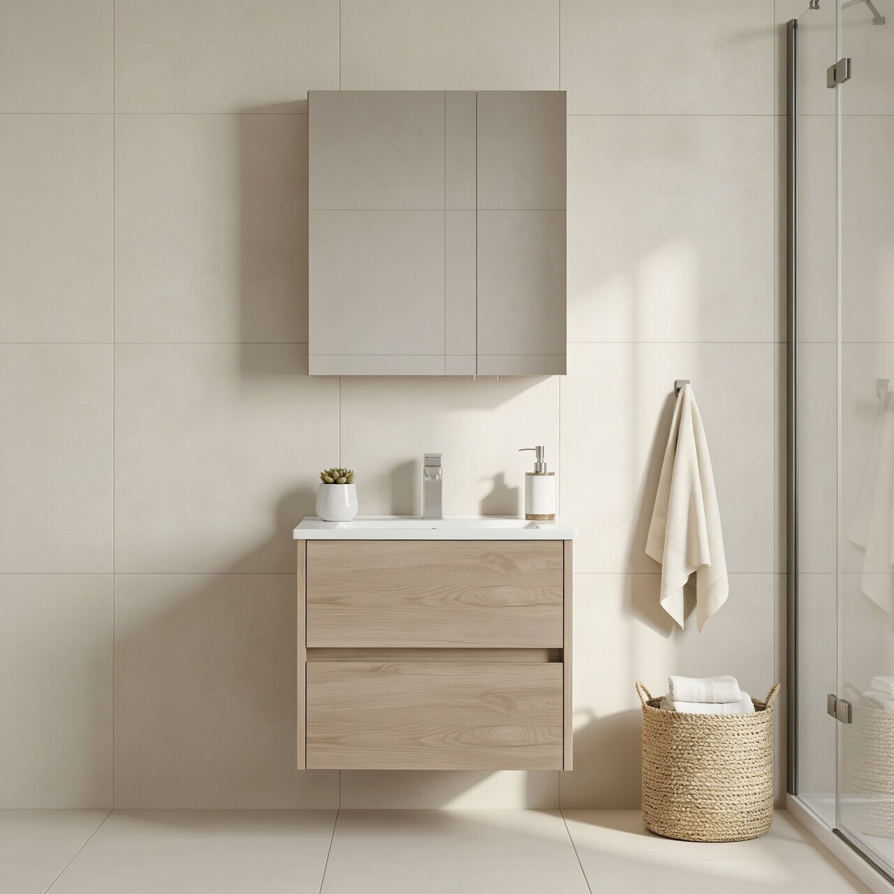 Set Dulap de Baie cu Chiuvetă și Oglindă (2 Piese), Hanah Home, Side 65 v2, Stejar