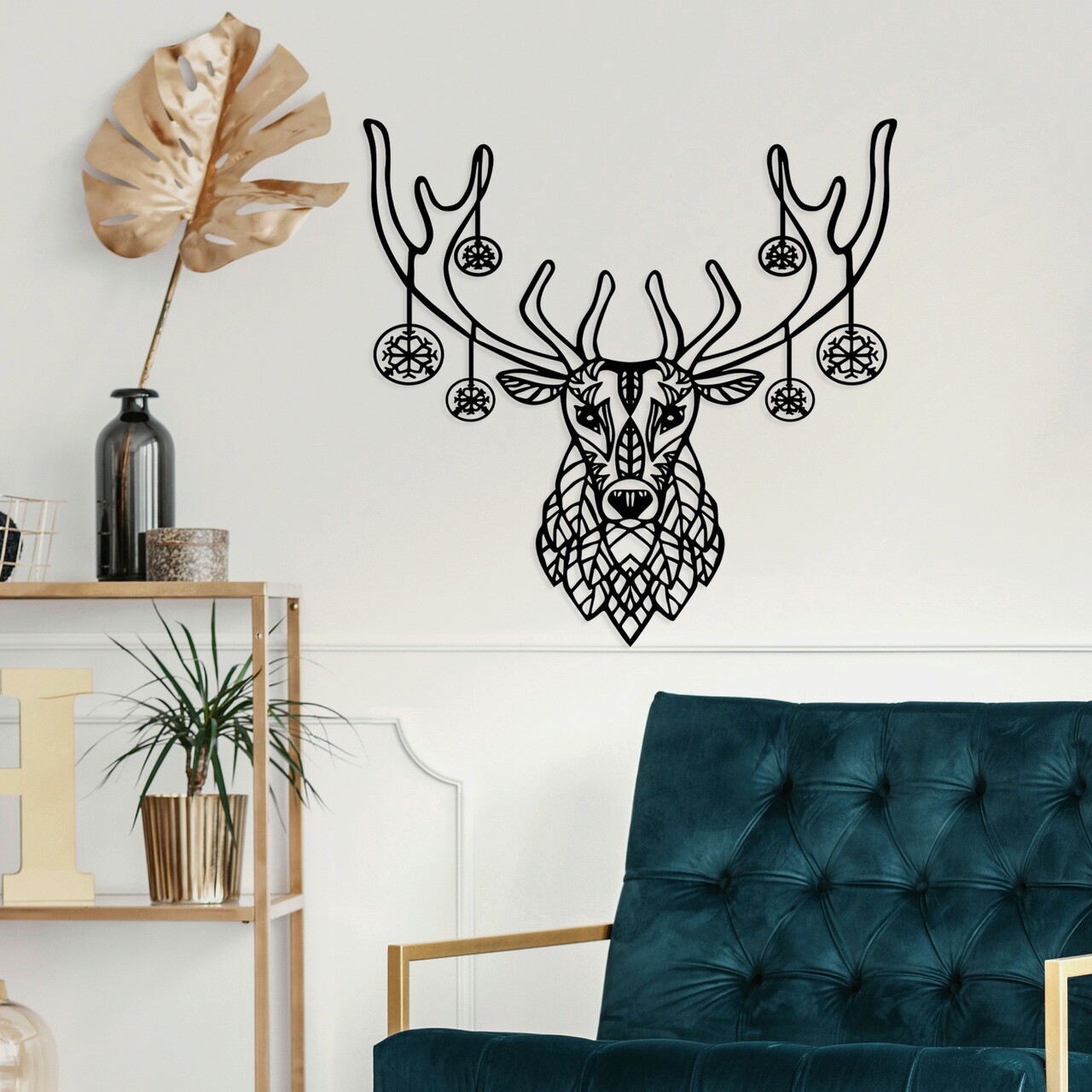 Decoratiune de perete, Christmas Deer, Metal, Dimensiune: 70 x 69 cm, Negru - 1 | YEO