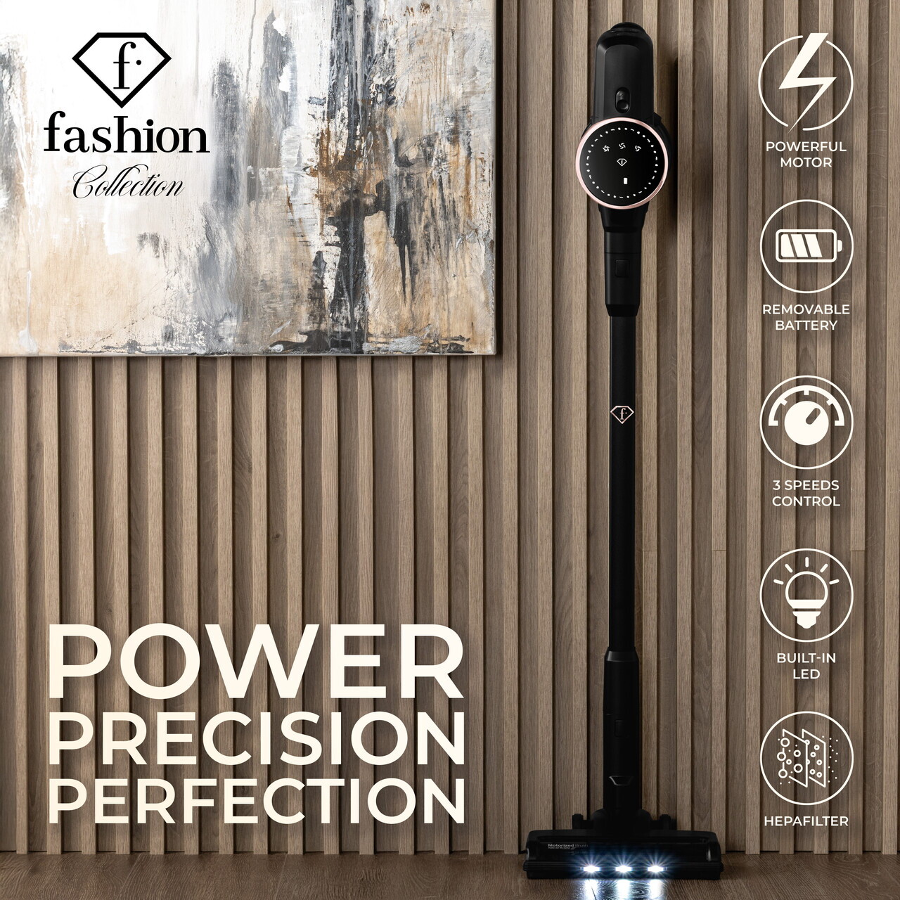 Aspirator vertical Fashion TV, Matte Black-Rose Gold, 250 W, 3 viteze, negru - imagine 19