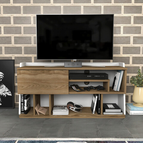 Comoda tv, retricy, raca, 120x37x59 cm, pal, alb / oud stejar