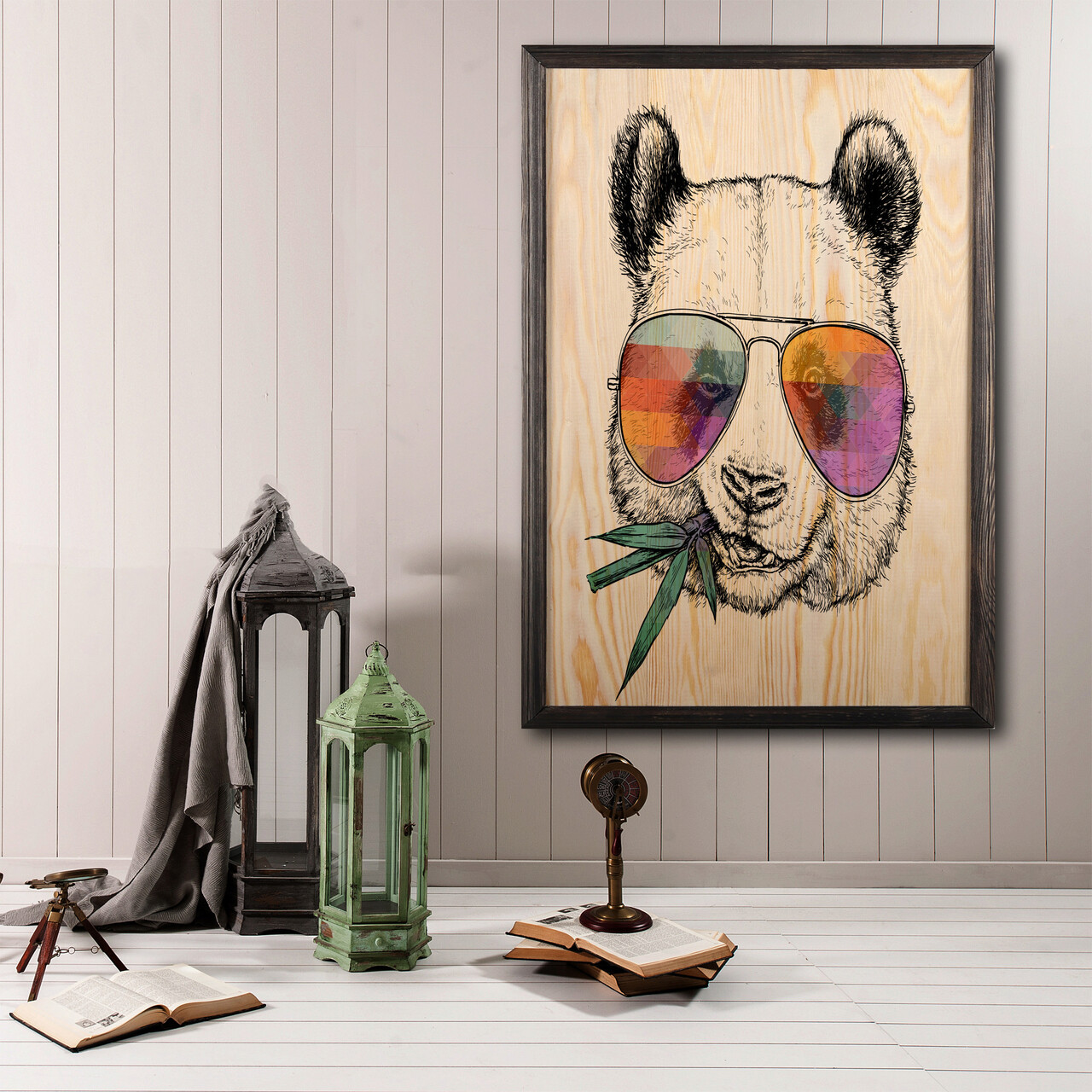 Tablou decorativ, Cool Panda, Lemn, Lemn, Multicolor