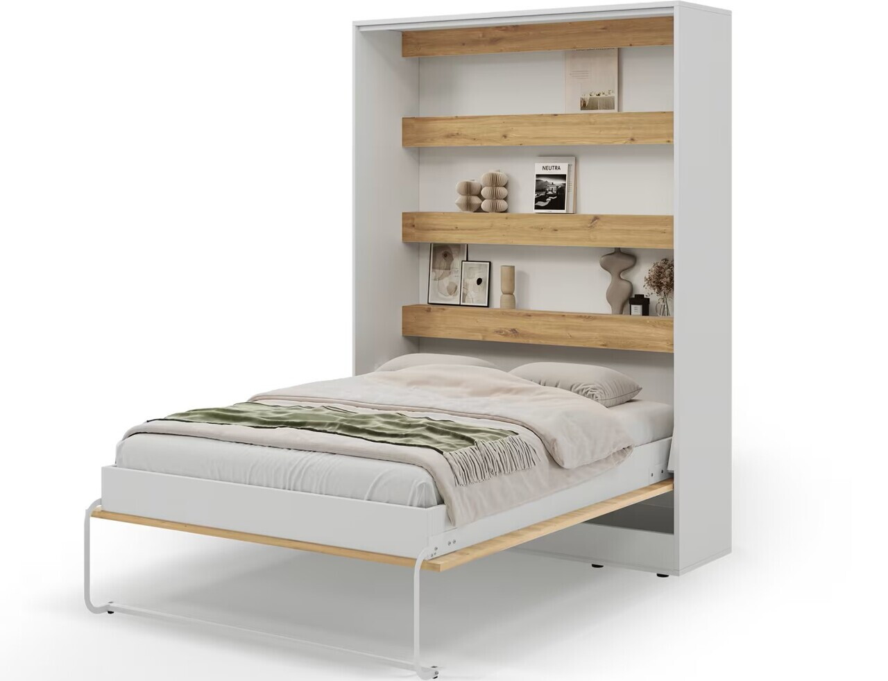 Pat rabatabil vertical cu biblioteca, 140x200 cm, ELTAP, Devesto, PAL/metal, alb/natur - view 3