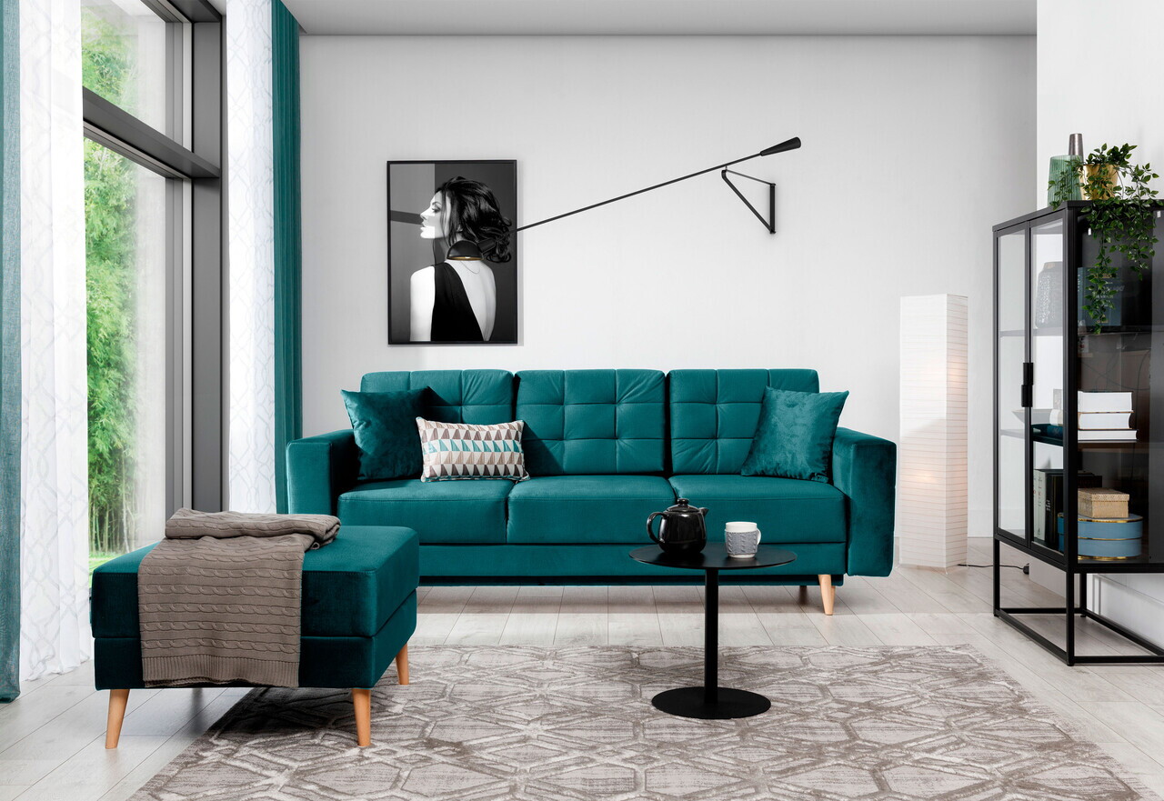 Set canapea extensibila 3 locuri si fotoliu ELTAP, Asgard, 235x95x86 cm / 107x92x86 cm, lemn/poliester, turcoaz - view 2