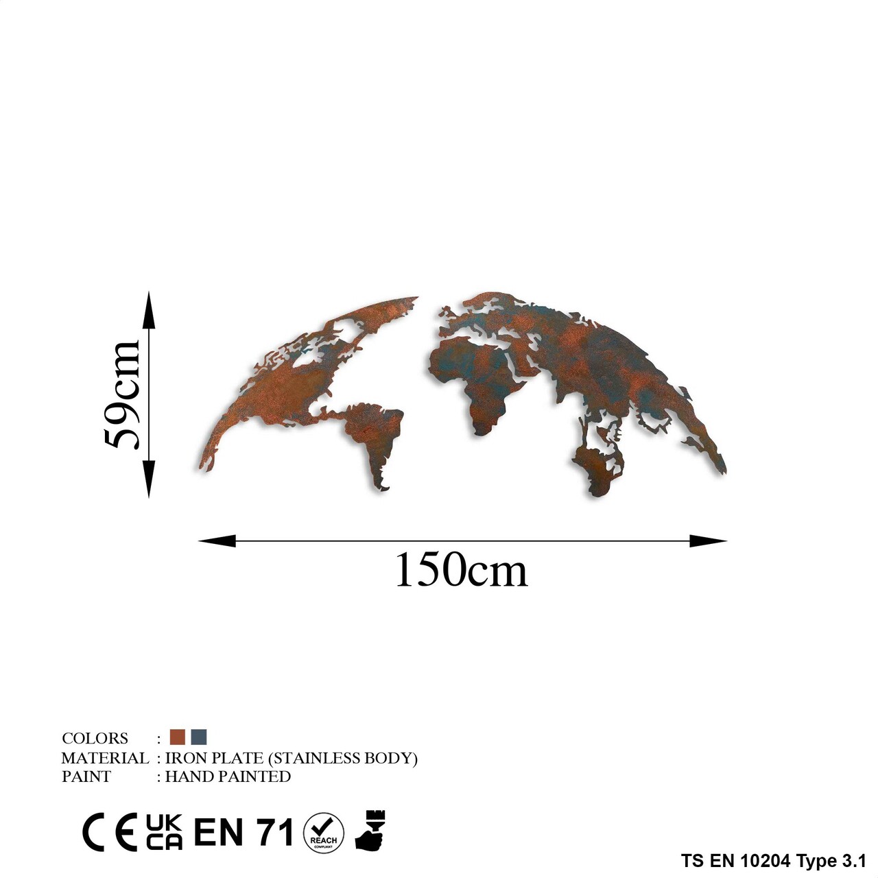 Decoratiune de perete, World Map Medium, Metal, 150 x 59 cm, Multicolor