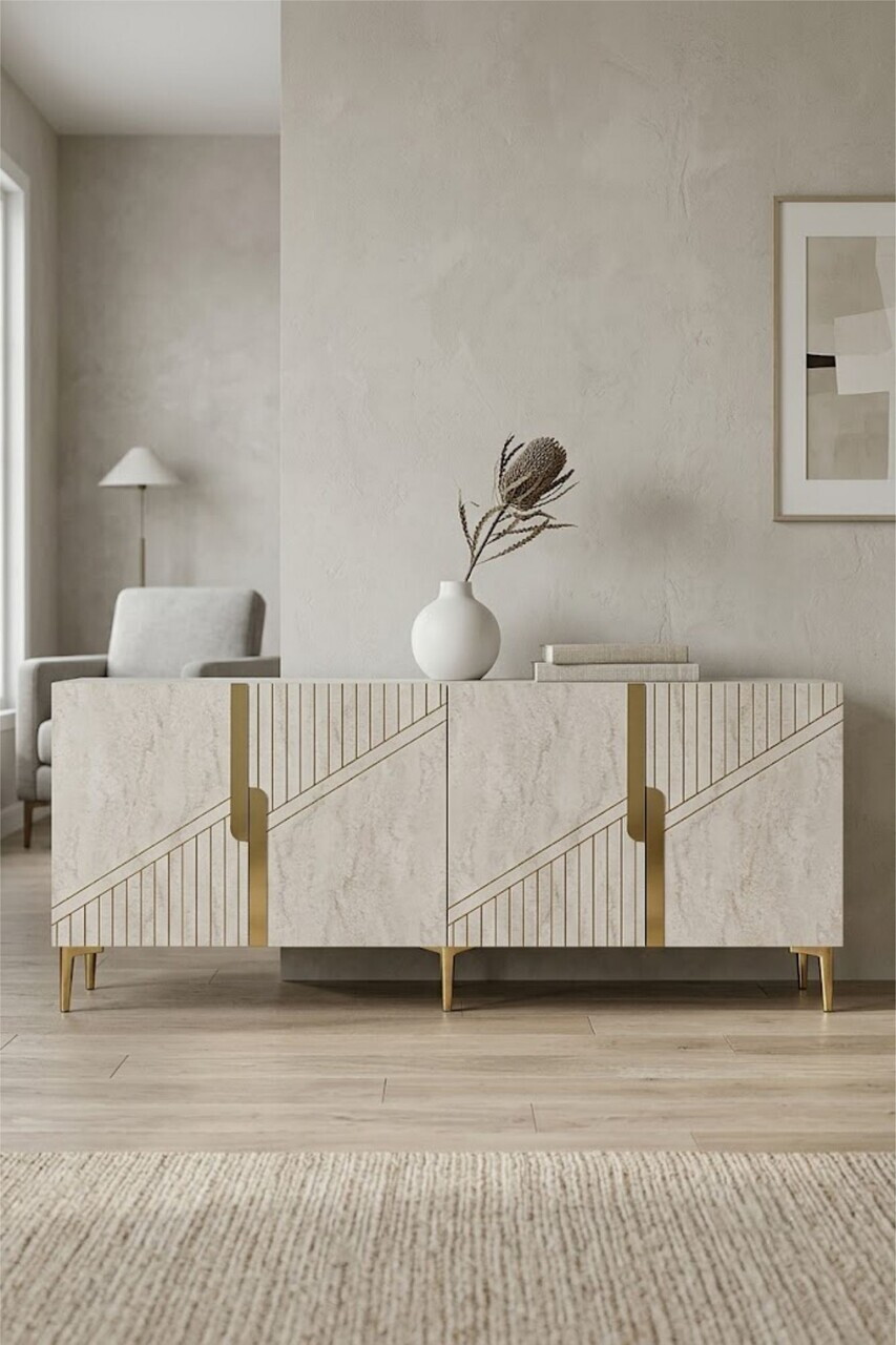 Consola, Hanah Home, Evva 150, 125x75x32 cm, White / Travertine / Gold — imaginea 3