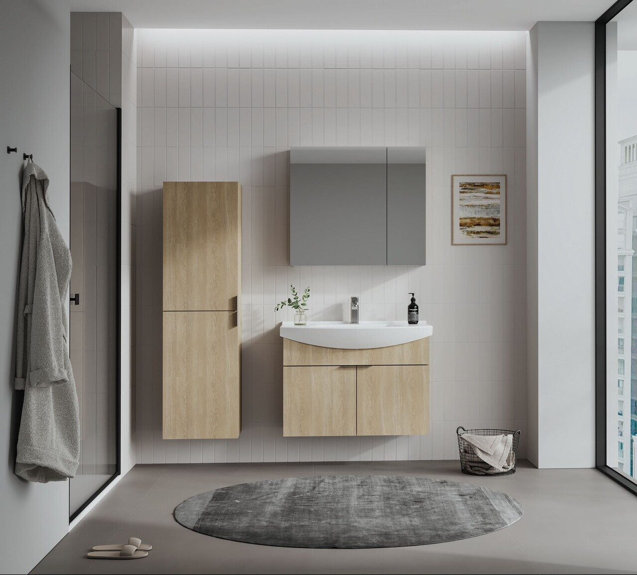 Dulap de baie cu chiuvetă, Hanah Home, Purus 80, Stejar Sonomo — imaginea 3