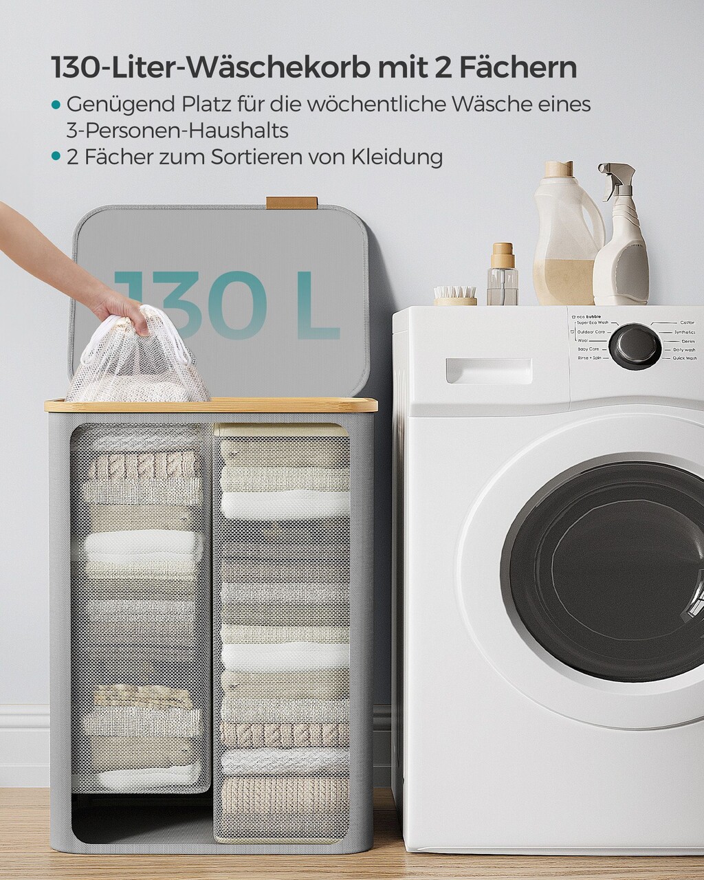 Cos de rufe textil cu 2 compartimente, Songmics, 52x38.5x70.5 cm, 130 L, bambus/tesatura Oxford, gri dove