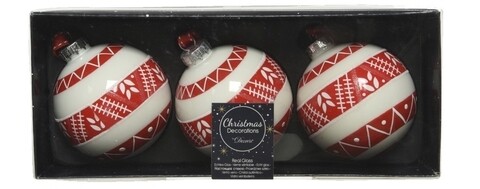 Set 3 globuri Red-white design, Decoris, Ø8 cm, sticla, rosu/alb