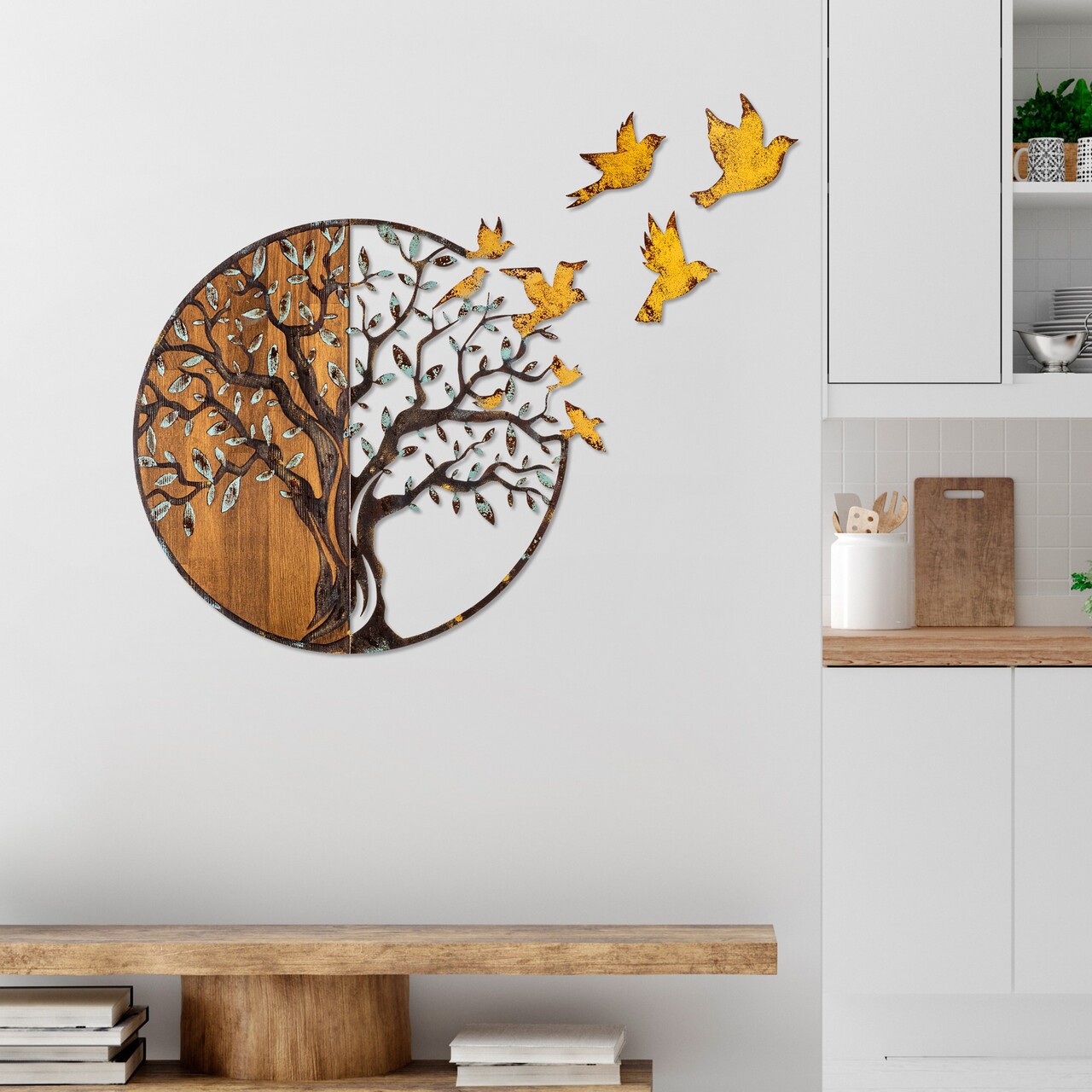 Decoratiune de perete, Tree And Birds, Lățime: 92 cm Înălțime: 71 cm Adâncime: 3 cm, Multicolor - view 2