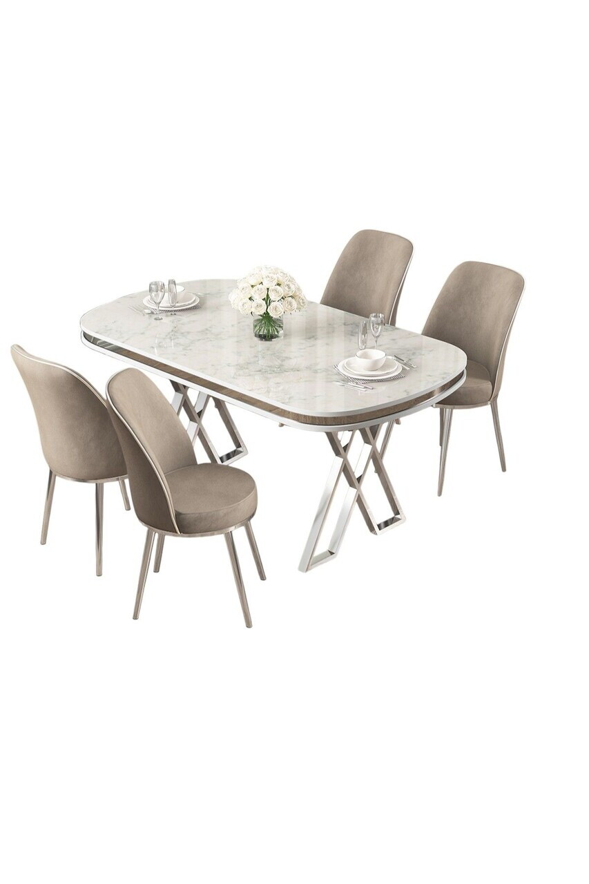 Set masa si scaune (5 piese), Hanah Home, Lai, Model de marmură albă / Crom / Cappuccino — imaginea 2