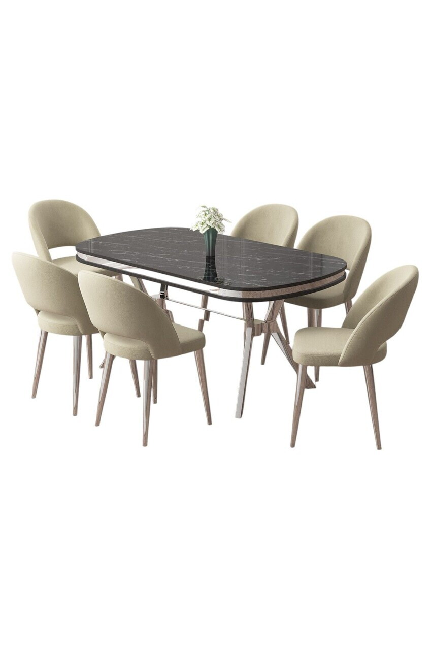 Set masa si scaune (7 piese), Hanah Home, Jita, Sonata / Crom / Cremă — imaginea 2