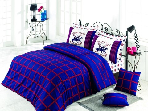 Lenjerie de pat dubla king size, Beverly Hills Polo Club, BHPC 012 – Dark Blue, 3 piese, bumbac ranforce, multicolor 012