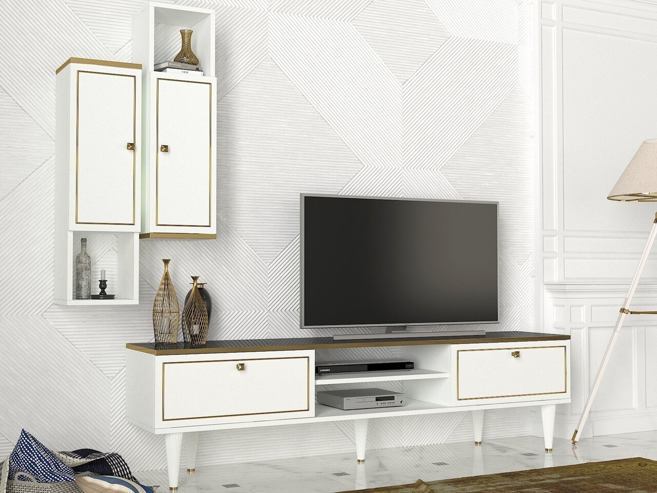 Comoda TV Cu Rafturi De Perete Ravenna White, Talon, 180 X 50.5 Cm/88.6 X 25 Cm, Alb/auriu/negru