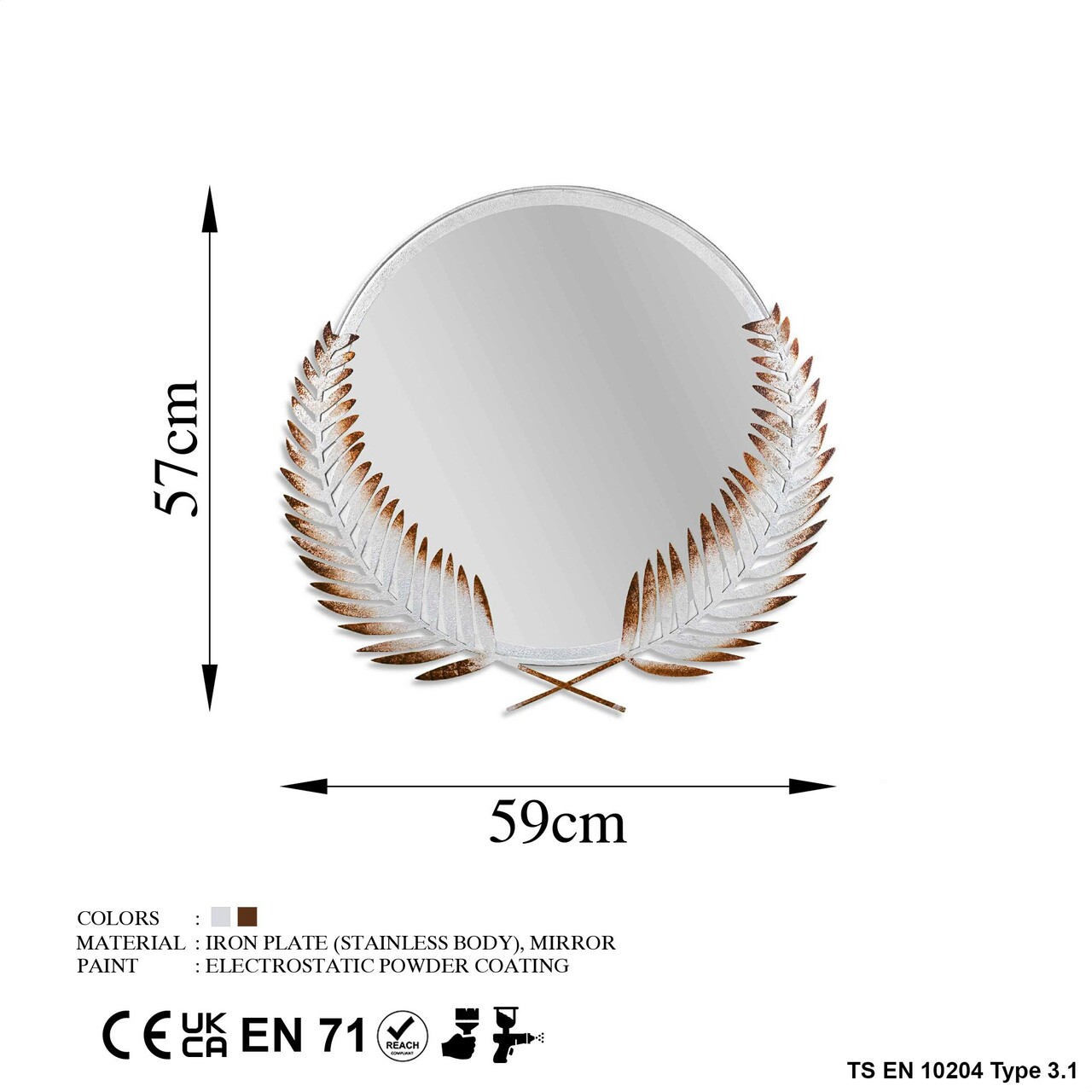 Oglinda Decorativa, Palm Mirror L, Metal, Dimensiune: 59 X 57 Cm, Maro/Alb