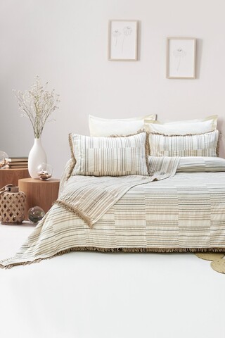 Set cuvertura pique dubla, Lia - Beige, Şaheser, Bumbac