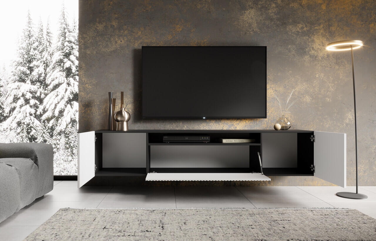 Comoda TV ADRK, Noemi, 200x41x40 cm, PAL melaminat/MDF, alb/negru — imaginea 2