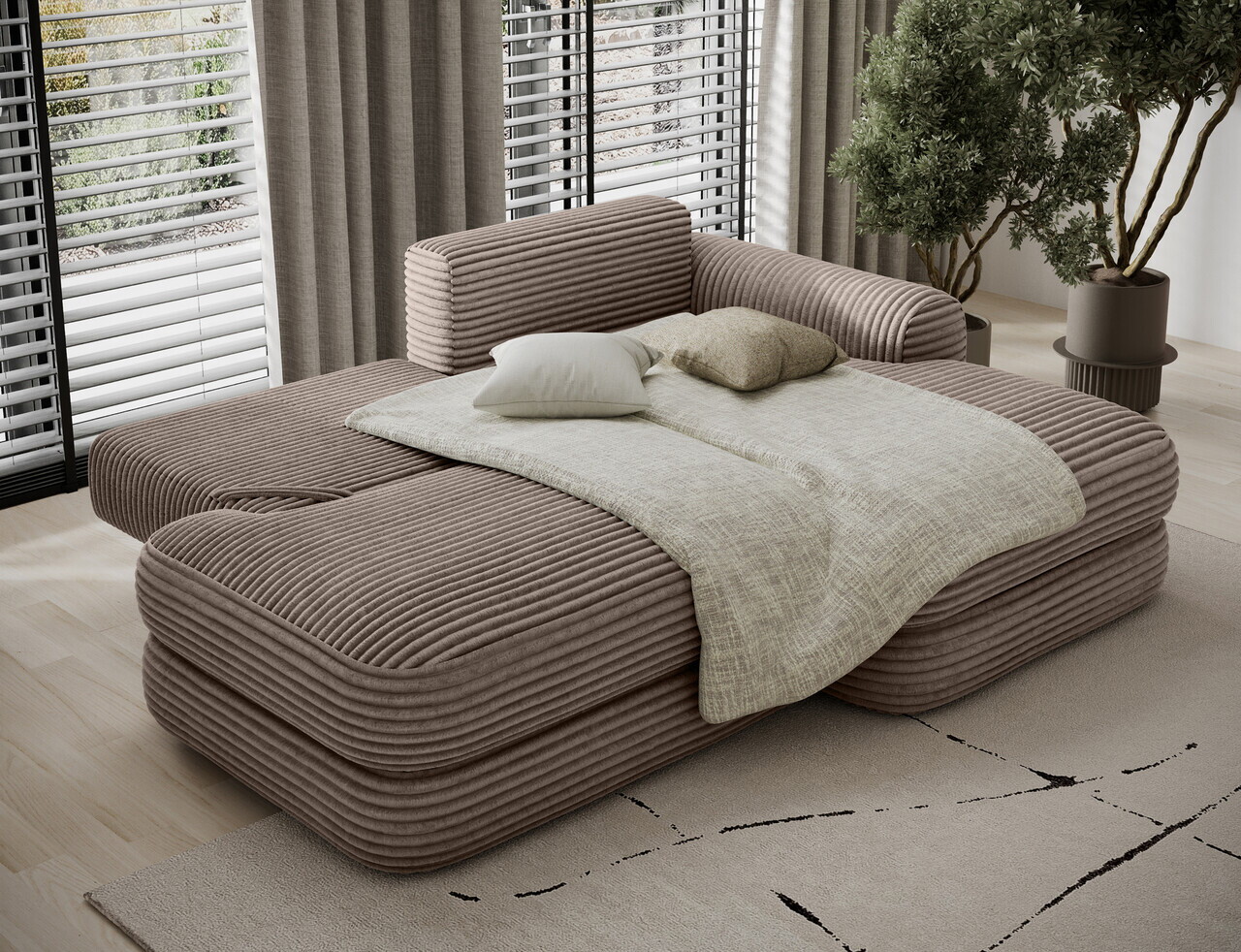 Coltar extensibil dreapta 3 locuri ELTAP, Ripeli, 217x175x96 cm, lemn/catifea din poliester, maro deschis — imaginea 6