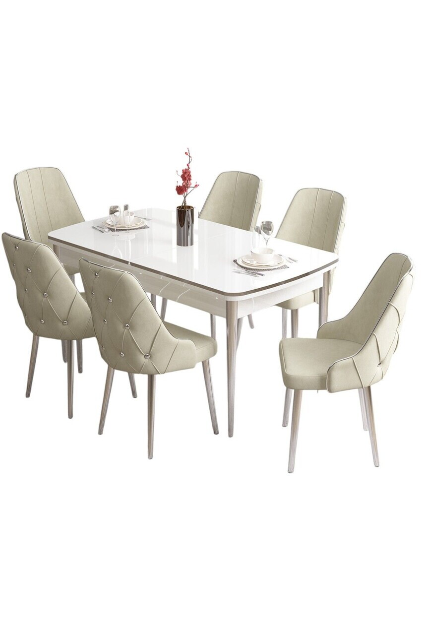 Set masa si scaune (7 piese), Hanah Home, Tia, Alb / Crom / Crem — imaginea 2
