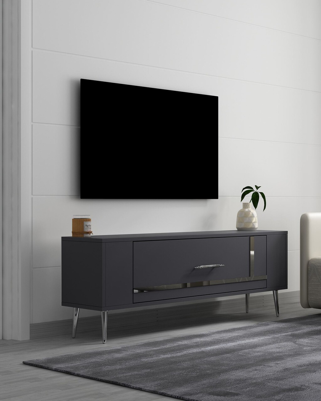 Comoda TV, Olivia, Retrop1, Antracit / Argintiu - 1 | YEO