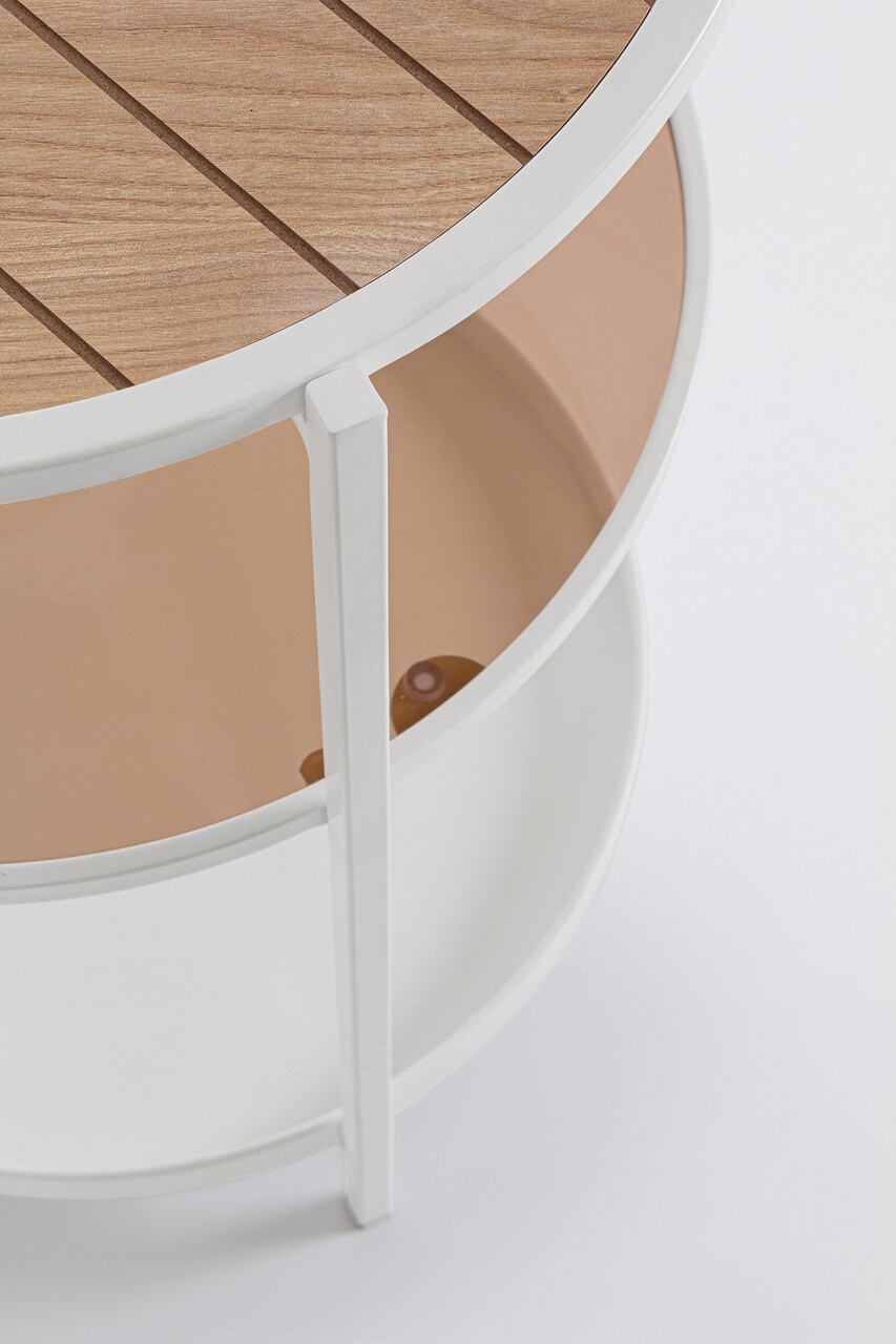 Masuta de cafea cu 3 rafturi Haldor, Bizzotto, D40x60.5 cm, otel/MDF furniruit/sticla temperata, alb/natural