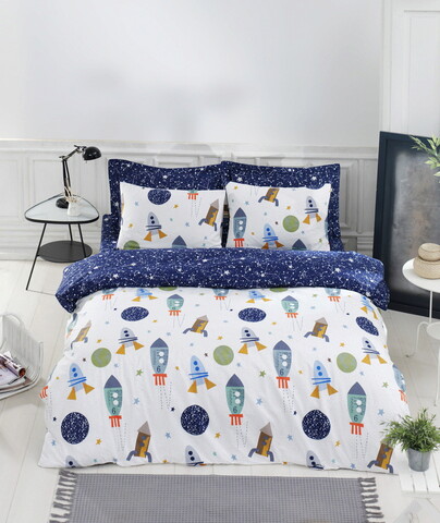 Lenjerie de pat dubla super king (us) (es), spacex - dark blue, mijolnir, bumbac ranforce