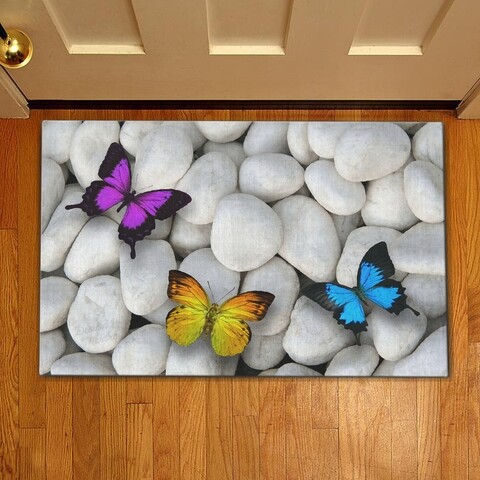 Covoras de intrare Butterflies, Casberg, 38×58 cm, poliester, mov/galben/albastru