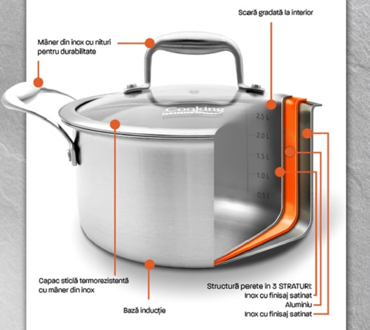Cratita cu capac Atomic3, Cooking by Heinner, 26x7 cm, 3.5 L, inox/sticla, argintiu