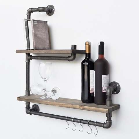 Raft depozitare pentur bucatarie, Evila Originals, BoruRaf019, 60 x 58 x 14 cm, lemn de molid/metal, nuc/negru biblioteci