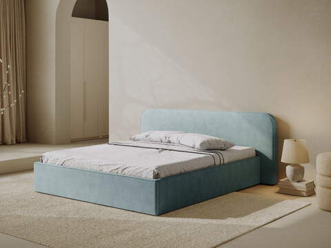 Pat tapitat cu somiera rabatabila si lada depozitare, 200x200 cm, Micadoni Home, Elizabeth-68, tesatura structurata chenille, verde menta