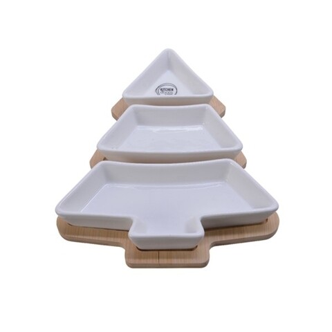 Set tocator si 3 boluri Tree, Decoris, 27.5x20.5x3.8 cm, lemn de bambus/gresie