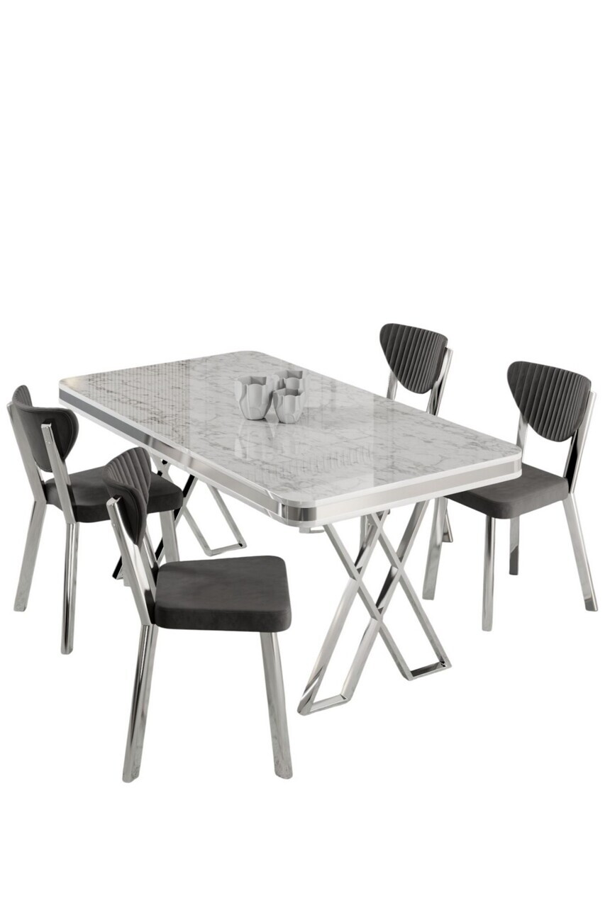 Set masa si scaune (5 piese), Hanah Home, Raja, Model de marmură albă / Crom / Gri — imaginea 2