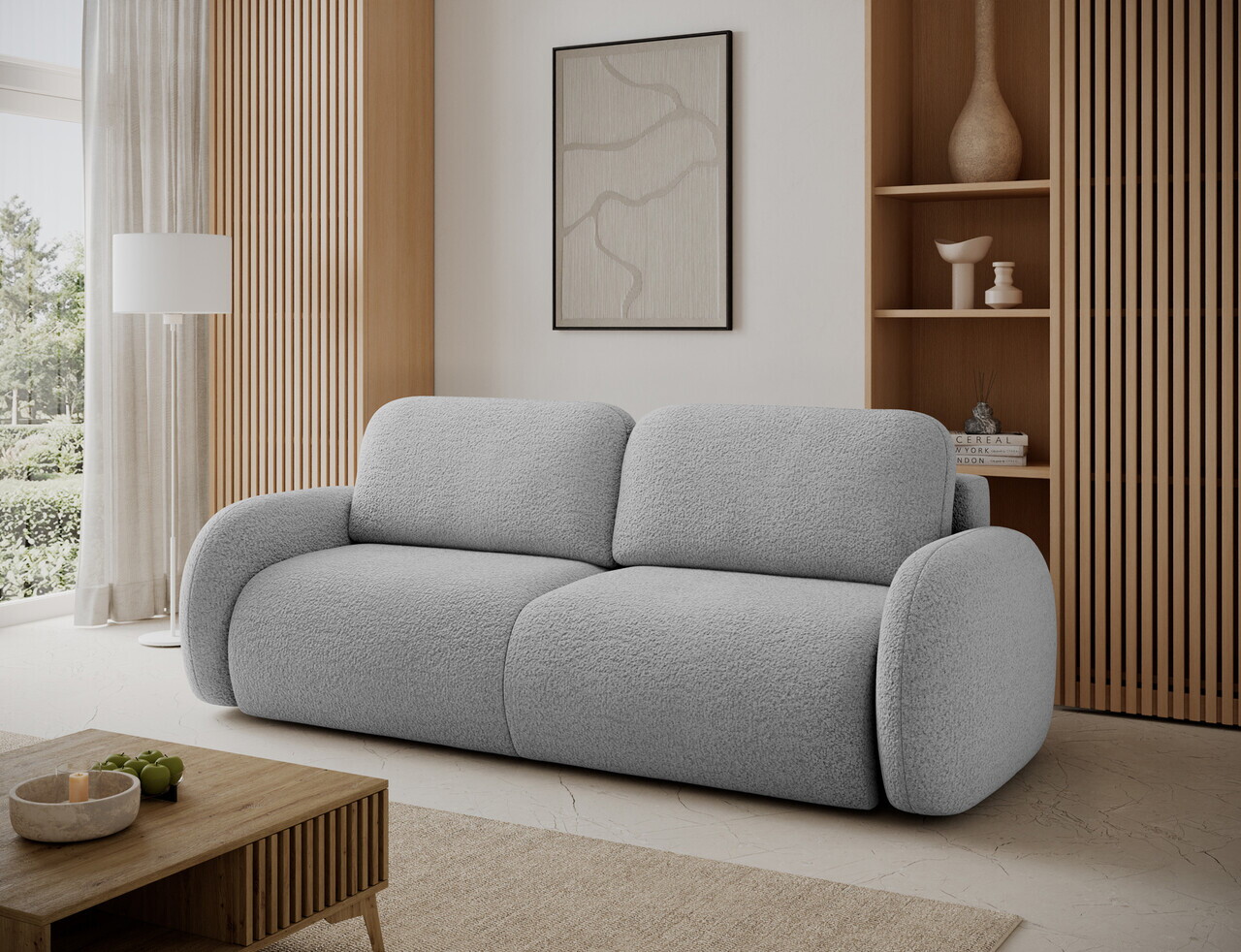 Canapea extensibila 3 locuri ELTAP, Avuela, 250x105x94 cm, lemn/tesatura boucle, gri — imaginea 3