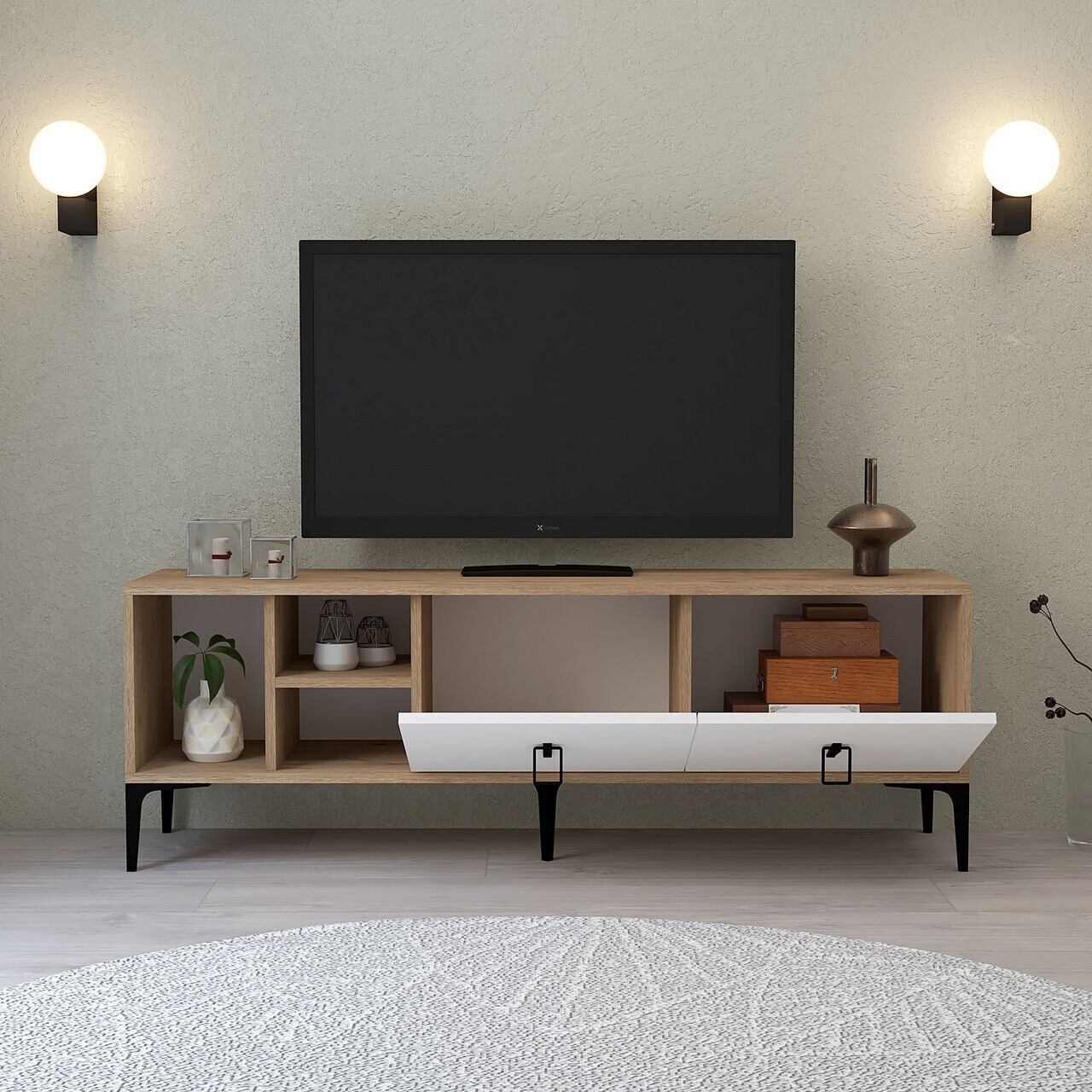 Comoda TV, Hanah Home, Era 3504, 150x50x35 cm, PAL, Stejar Safir / Alb — imaginea 2