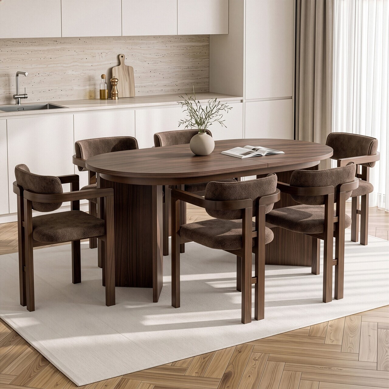 Set masa extensibila si scaune (7 piese), Nordure, Aleria 6, Nuc Milano / Nuc Închis / Maro — imaginea 3