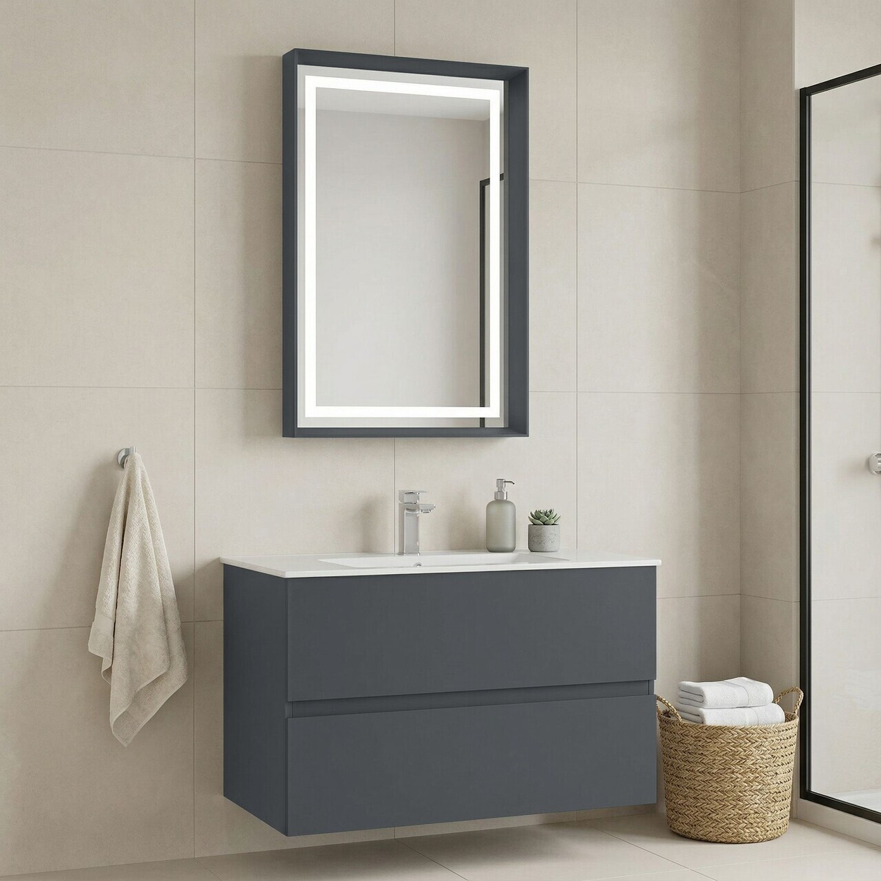 Set Dulap de Baie cu Chiuvetă și Oglindă (2 Piese), Hanah Home, Nest 91 v2, Antracit mat