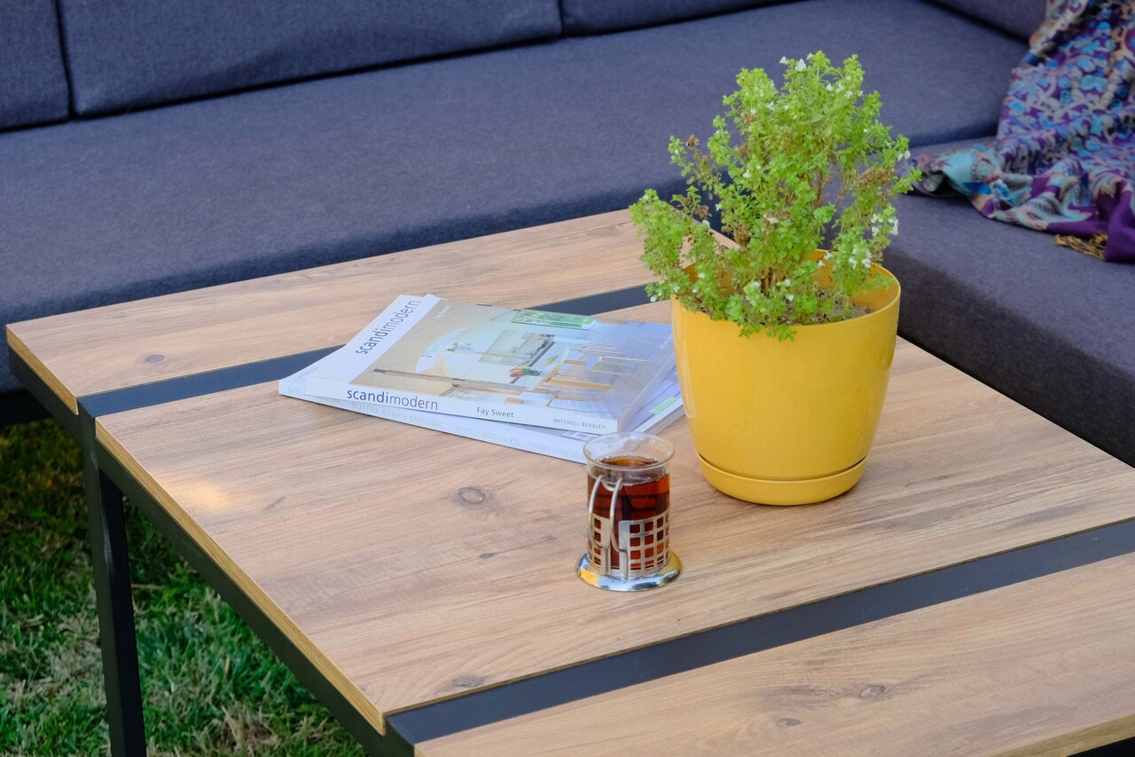 Set mobilier de gradina, Valovi, Mers Corner, Metal, Negru / Lemn / Gri