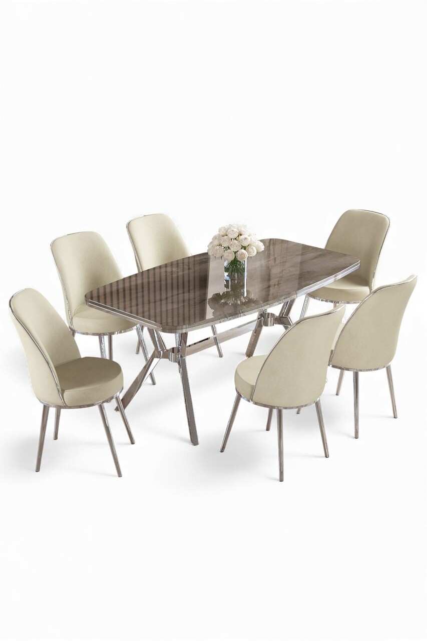 Set masă și scaune (7 piese), Hanah Home, Lena, Antracit / Crom / Crem - view 2