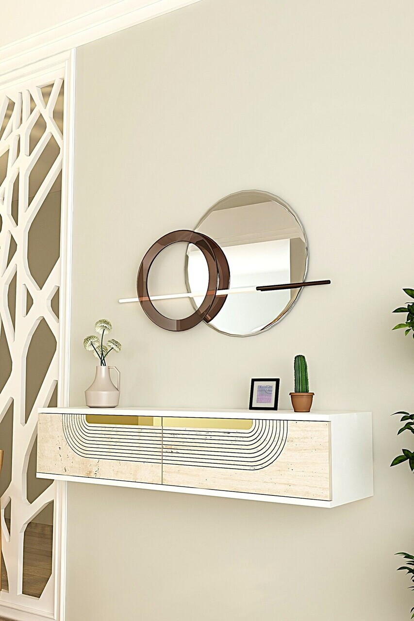 Dulap, Hanah Home, Meyra 120, 120x25.5x29.6 cm, White / Travertine / Gold — imaginea 2