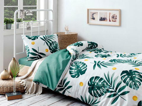 Lenjerie de pat pentru o persoana, Monstera - Green, Eponj Home, 65% bumbac/35% poliester