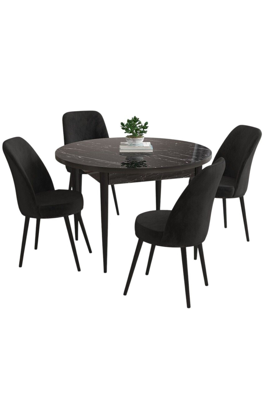 Set masa si scaune (5 piese), Hanah Home, Kea, Model de marmură neagră / Negru — imaginea 2