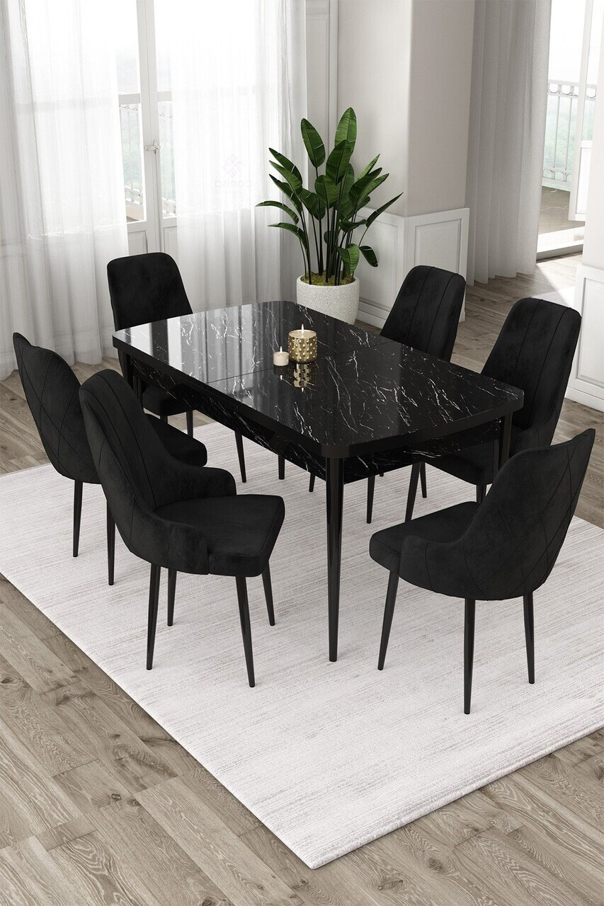 Set masa extensibila si scaune (7 piese), Hanah Home, Eta, Model de marmură neagră / Negru