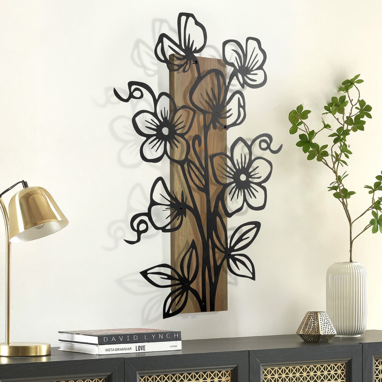 Decoratiune de perete, Fleuria, Cadru: Lemn (Grosime: 2 cm), Verde/Negru — imaginea 5