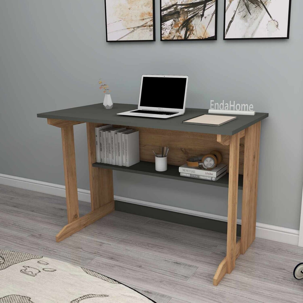 Birou, Hanah Home, Pillar, 100x74.3x55.5 cm, Pin Atlantic / Antracit