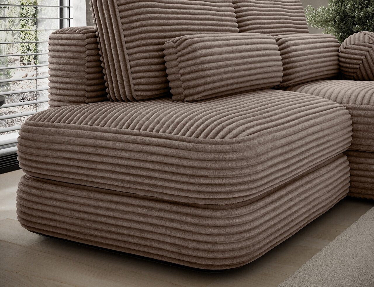 Coltar extensibil dreapta 3 locuri ELTAP, Ripeli, 217x175x96 cm, lemn/catifea din poliester, maro deschis — imaginea 8