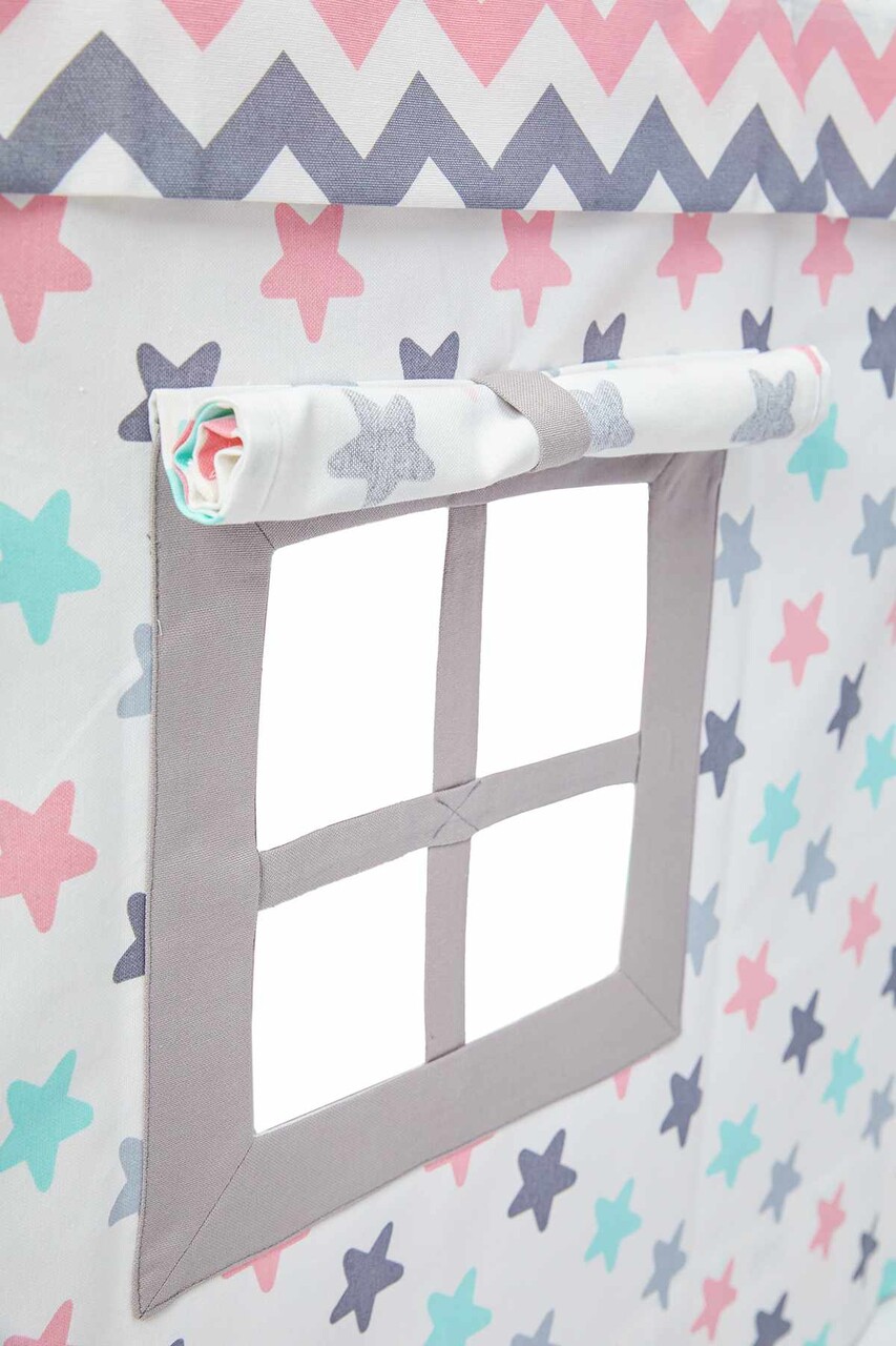 Cort de joaca pentru copii, Hanah Home, Wooden Tent, 95x114x90 cm, Alb/Roz - imagine 5