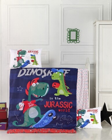Lenjerie de pat pentru copii, victoria, dino, 4 piese, 100% bumbac ranforce, multicolor