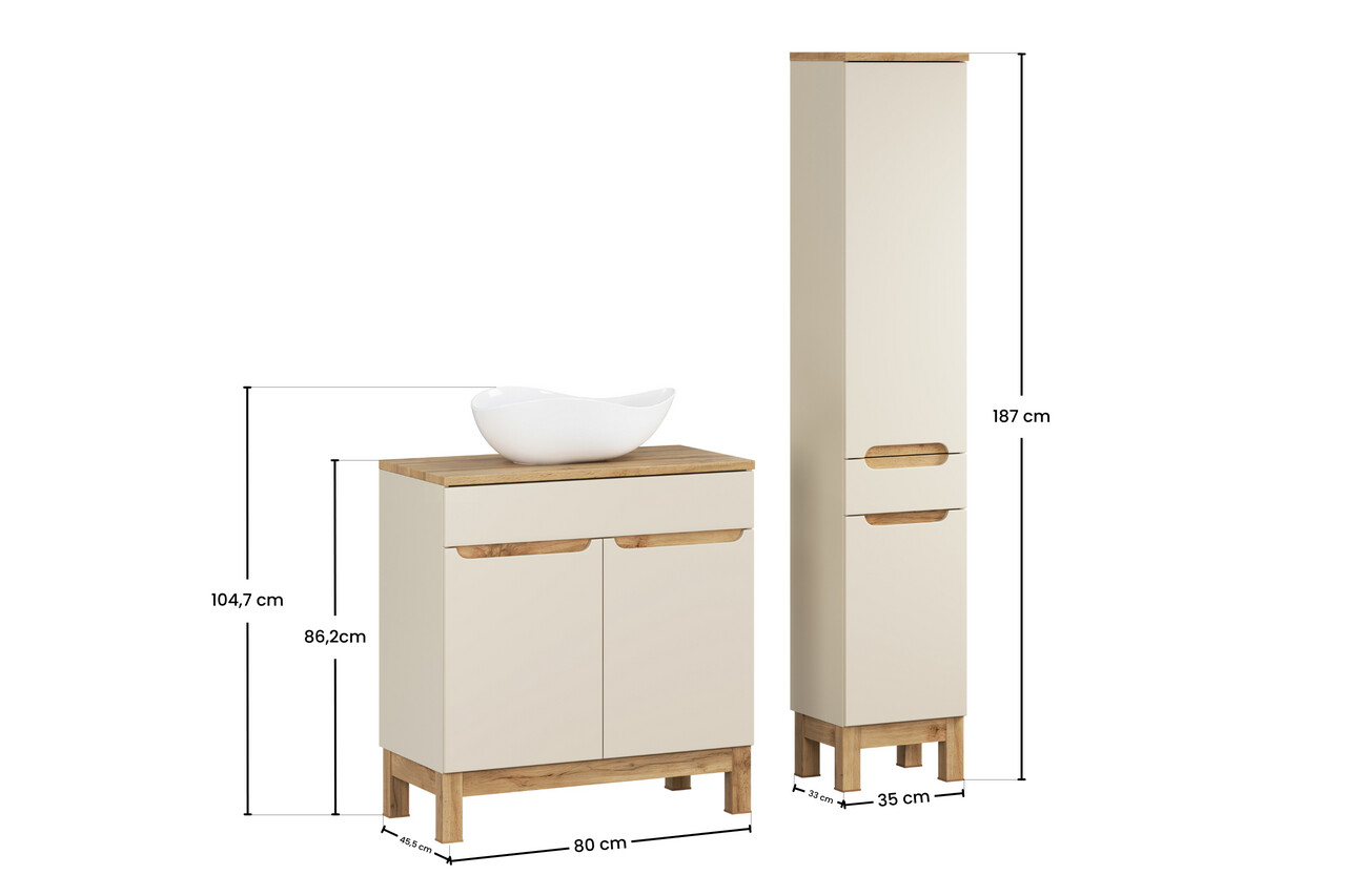 Set mobilier baie Bali Cashmere Wotan 80 cm HC LC, dulap inalt si masca cu lavoar, Comad, MDF/PAL, casmir - view 2
