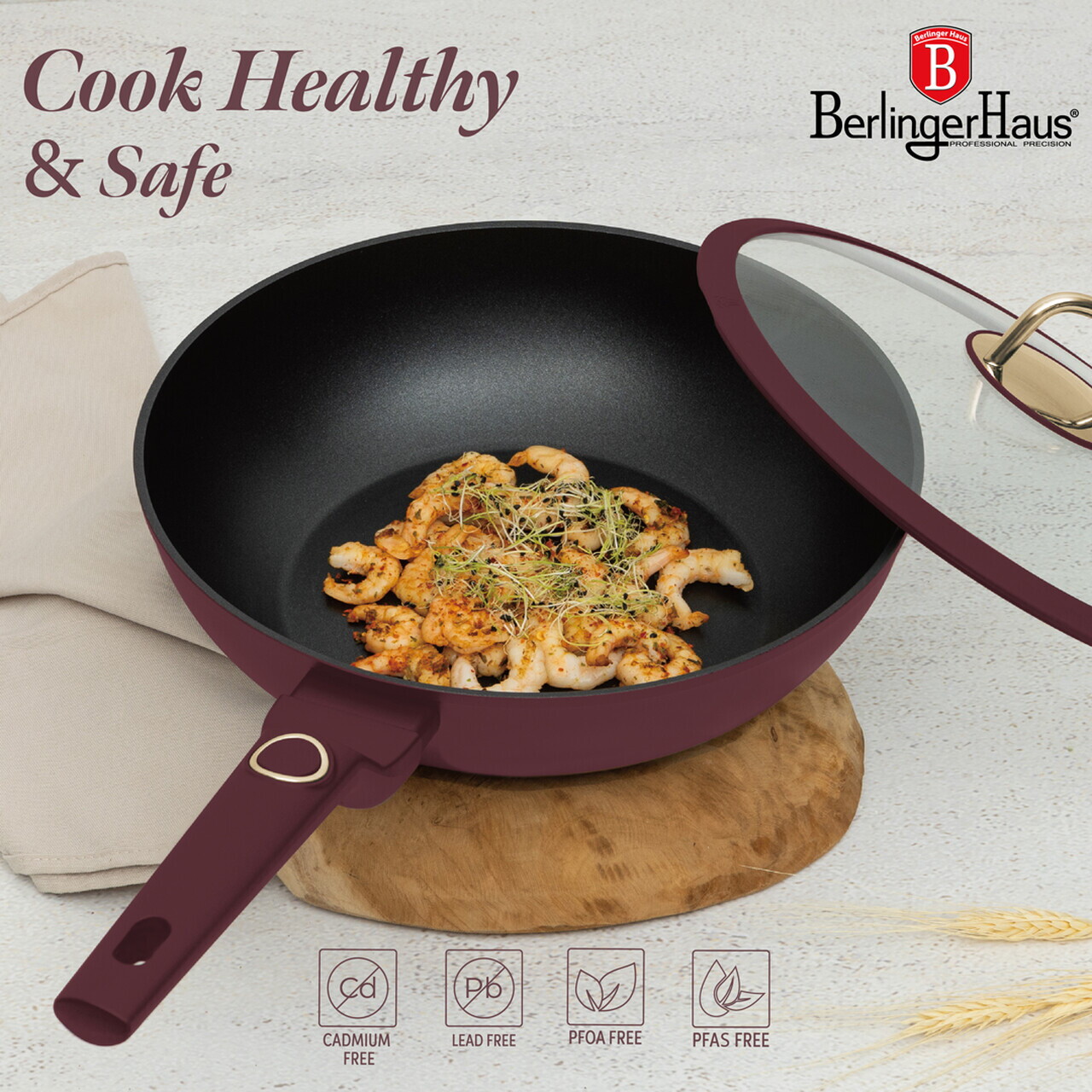Tigaie Wok cu capac Berlinger Haus, Leonardo, 28 cm, 3.2 L, aluminiu forjat, visiniu mat - imagine 8