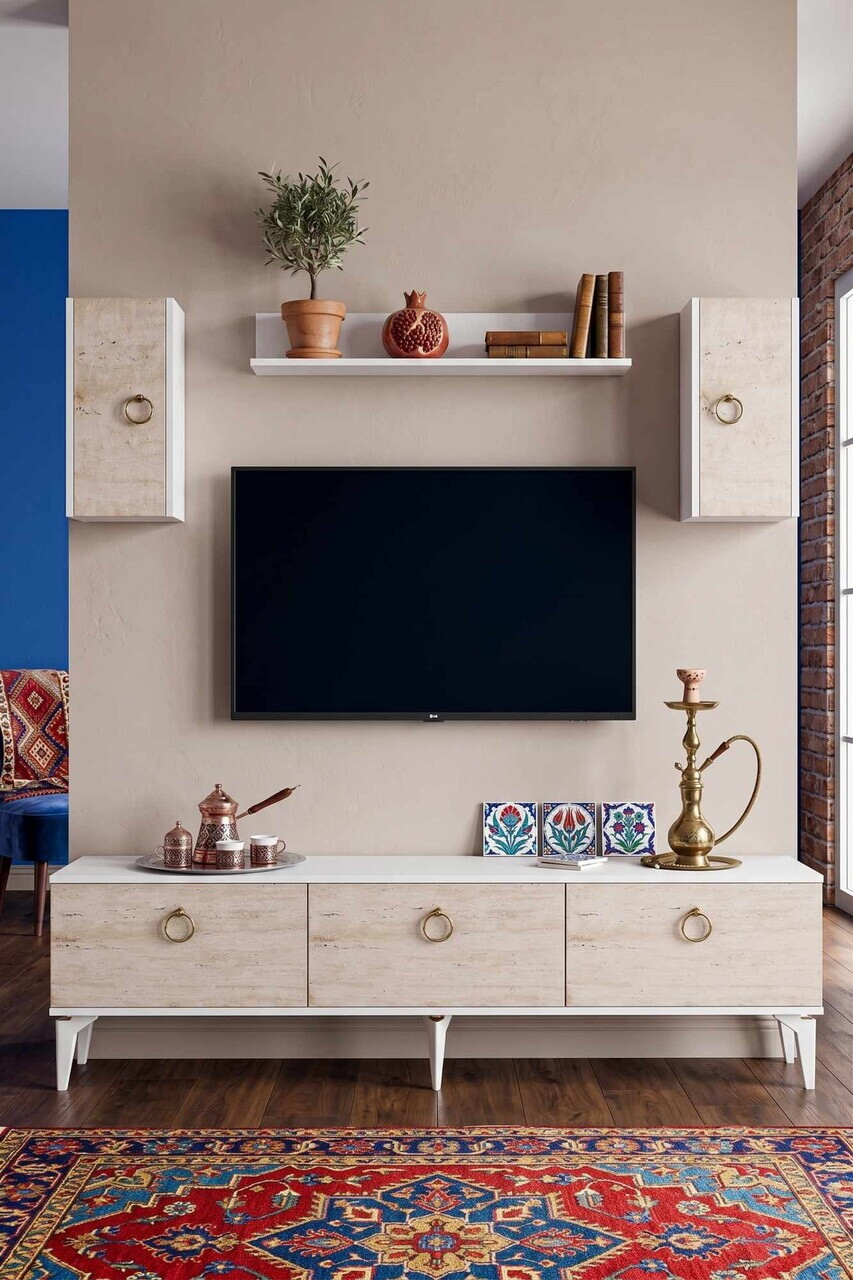 Comoda TV, Hanah Home, Demet, 180x41x30 cm, Alb / Travertin