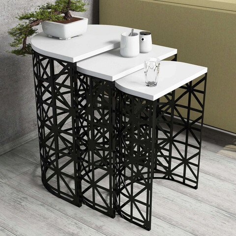 Set masute 3 piese, hommy craft, stil metal ferforje, alb negru